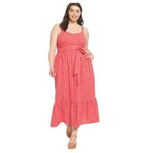 LANE BRYANT Gingham Sleeveless Flounce Hem Seersucker Midi Dress 18 Pink Pockets